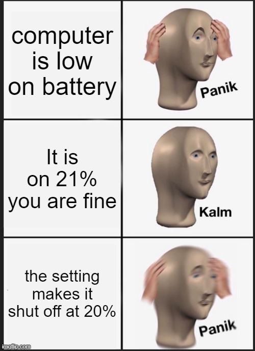 those settings doe | computer is low on battery; It is on 21% you are fine; the setting makes it shut off at 20% | image tagged in memes,panik kalm panik | made w/ Imgflip meme maker