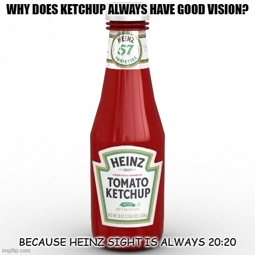 Daily Bad Dad Joke 11/11/2021 | WHY DOES KETCHUP ALWAYS HAVE GOOD VISION? BECAUSE HEINZ SIGHT IS ALWAYS 20:20 | image tagged in ketchup | made w/ Imgflip meme maker