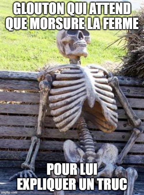 Waiting Skeleton Meme | GLOUTON QUI ATTEND QUE MORSURE LA FERME; POUR LUI EXPLIQUER UN TRUC | image tagged in memes,waiting skeleton | made w/ Imgflip meme maker