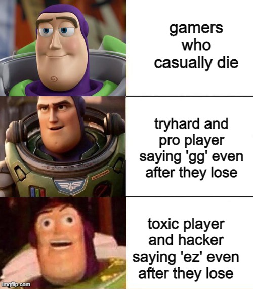 yes | gamers who casually die; tryhard and pro player saying 'gg' even after they lose; toxic player and hacker saying 'ez' even after they lose | image tagged in memes,gaming memes,gaming | made w/ Imgflip meme maker