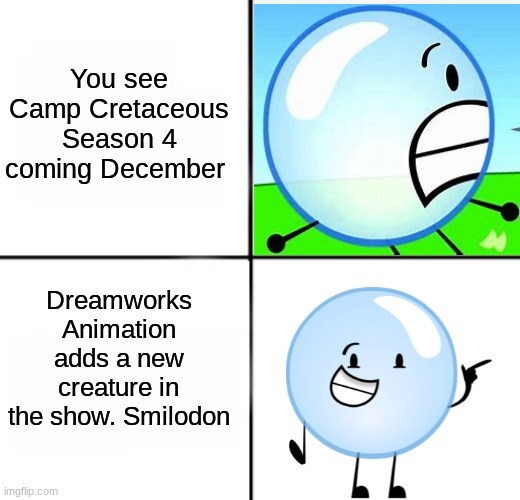 Yeehaw!! |  You see Camp Cretaceous Season 4 coming December; Dreamworks Animation adds a new creature in the show. Smilodon | image tagged in panik kalm,bfdi,bfb,jurassic world,dreamworks,fun stream | made w/ Imgflip meme maker