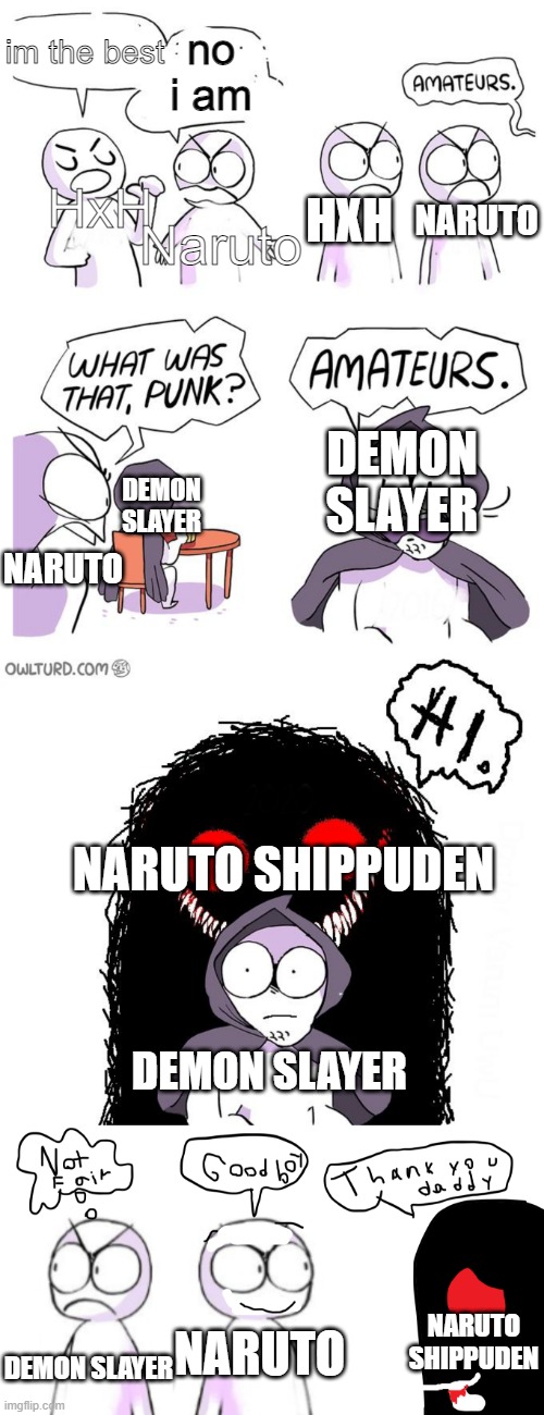 Best Anime Based On My Opinion | no
i am; im the best; Naruto; HXH; NARUTO; HxH; DEMON SLAYER; NARUTO; DEMON SLAYER; NARUTO SHIPPUDEN; DEMON SLAYER; NARUTO
SHIPPUDEN; NARUTO; DEMON SLAYER | image tagged in amateurs 3 0 | made w/ Imgflip meme maker