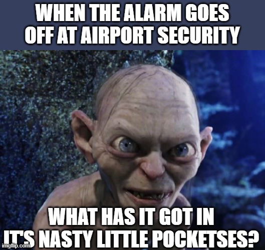 What does it have in its pocketses? | WHEN THE ALARM GOES OFF AT AIRPORT SECURITY; WHAT HAS IT GOT IN IT'S NASTY LITTLE POCKETSES? | image tagged in angry gollum,airplane,security | made w/ Imgflip meme maker