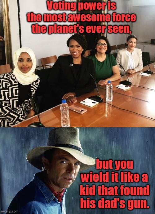 Voting is a privilege, not a right. | Voting power is the most awesome force the planet's ever seen, but you wield it like a kid that found his dad's gun. | image tagged in the squad,alan grant jurassic park rain,reform the system,democracy,corruption,enoughisenough | made w/ Imgflip meme maker
