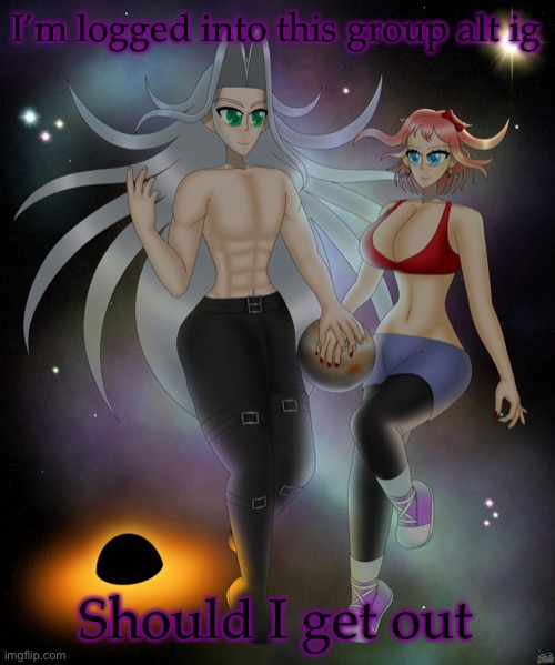 Sayori and Sephiroth | I’m logged into this group alt ig; Should I get out | image tagged in sayori and sephiroth | made w/ Imgflip meme maker