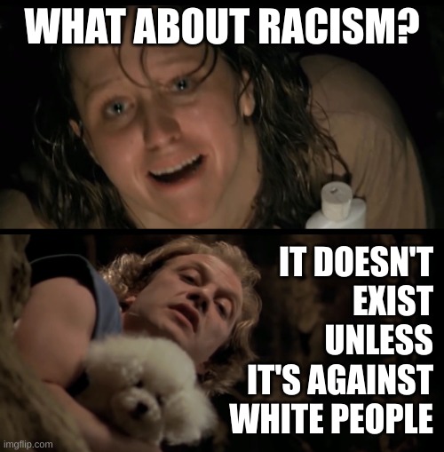 well? | WHAT ABOUT RACISM? IT DOESN'T
EXIST
UNLESS
IT'S AGAINST
WHITE PEOPLE | image tagged in it rubs the lotion on its skin,racism no longer exists,reverse racism,conservative hypocrisy,memes,silence of the lambs | made w/ Imgflip meme maker