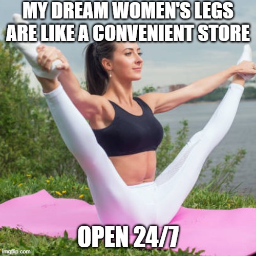 Readily Open | MY DREAM WOMEN'S LEGS ARE LIKE A CONVENIENT STORE; OPEN 24/7 | image tagged in spread legs | made w/ Imgflip meme maker