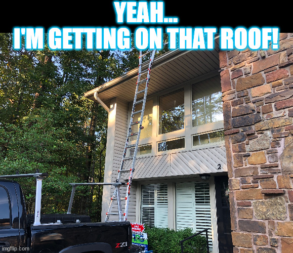 im getting on that roof |  YEAH...
I'M GETTING ON THAT ROOF! | image tagged in roof,stupid,ladder,ladders,bad idea,home inspector | made w/ Imgflip meme maker