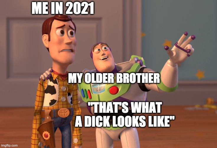 X, X Everywhere | ME IN 2021; MY OLDER BROTHER; "THAT'S WHAT A DICK LOOKS LIKE" | image tagged in memes,x x everywhere | made w/ Imgflip meme maker