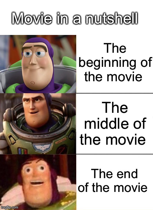 Movies in nutshell | Movie in a nutshell; The beginning of the movie; The middle of the movie; The end of the movie | image tagged in better best blurst lightyear edition | made w/ Imgflip meme maker