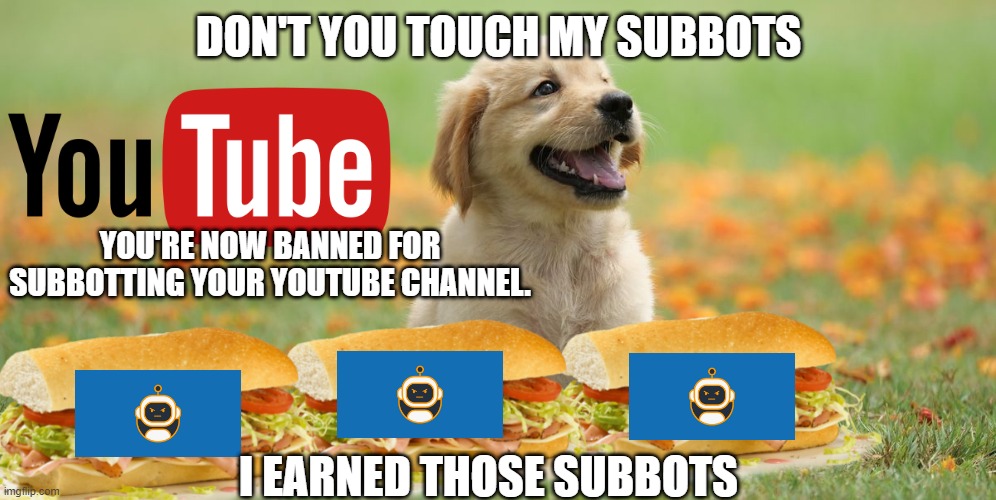 Dog Subbots on YouTube lol. | DON'T YOU TOUCH MY SUBBOTS; YOU'RE NOW BANNED FOR SUBBOTTING YOUR YOUTUBE CHANNEL. I EARNED THOSE SUBBOTS | image tagged in why not both,sandwich,robot | made w/ Imgflip meme maker