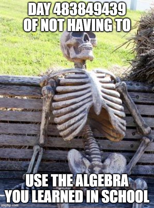 Waiting Skeleton |  DAY 483849439 OF NOT HAVING TO; USE THE ALGEBRA YOU LEARNED IN SCHOOL | image tagged in memes,waiting skeleton | made w/ Imgflip meme maker