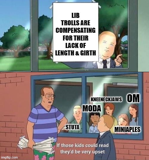 It's what they do. | LIB TROLLS ARE COMPENSATING FOR THEIR LACK OF LENGTH & GIRTH; KNEENECKJAWS; OM; MODA; STUTA; MINIAPLES | image tagged in bobby hill kids no watermark,liberals,trolls | made w/ Imgflip meme maker