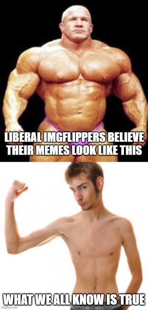 Liberal posters are somewhat delusional | LIBERAL IMGFLIPPERS BELIEVE THEIR MEMES LOOK LIKE THIS; WHAT WE ALL KNOW IS TRUE | image tagged in muscles,scrawny,liberals,leftists,dimwits,delusional | made w/ Imgflip meme maker
