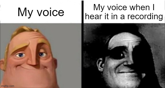 Relatable? | My voice; My voice when I hear it in a recording | image tagged in memes,teacher's copy,relatable,relatable memes,so true memes,oh wow are you actually reading these tags | made w/ Imgflip meme maker
