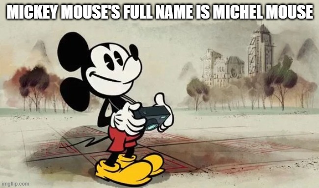 Mickey Mouse with camera | MICKEY MOUSE'S FULL NAME IS MICHEL MOUSE | image tagged in mickey mouse with camera | made w/ Imgflip meme maker