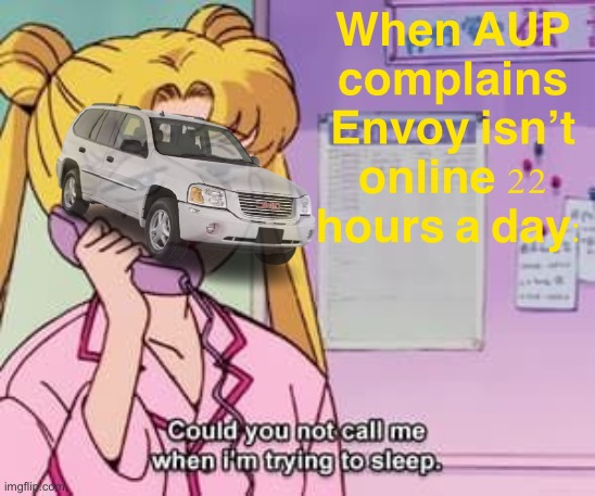 “EnVoY’s So InAcTiVe” | When AUP complains Envoy isn’t online 22 hours a day: | image tagged in sailor moon could you not call me when i m trying to sleep,envoy,is,so,inactive,not | made w/ Imgflip meme maker