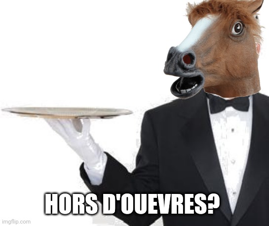 Horse derves? | HORS D'OUEVRES? | image tagged in waiter | made w/ Imgflip meme maker
