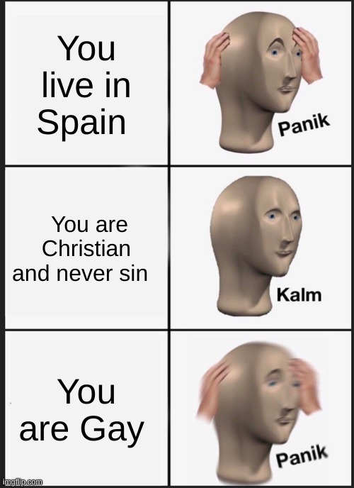 :) SPain more like Pain | You live in Spain; You are Christian and never sin; You are Gay | image tagged in memes,panik kalm panik | made w/ Imgflip meme maker