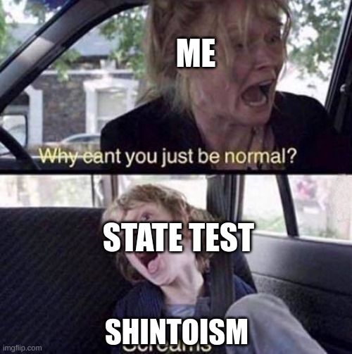 State test | ME; STATE TEST; SHINTOISM | image tagged in why can't you just be normal | made w/ Imgflip meme maker