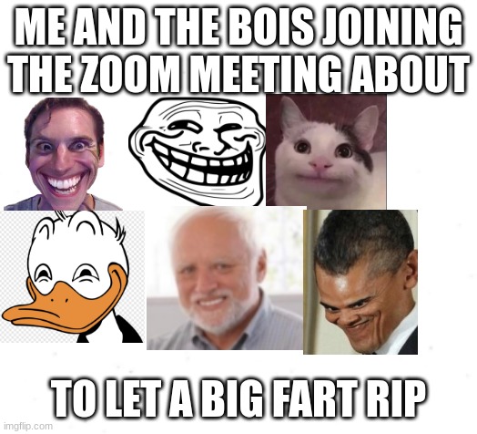 Me and da bois | ME AND THE BOIS JOINING THE ZOOM MEETING ABOUT; TO LET A BIG FART RIP | image tagged in funny | made w/ Imgflip meme maker