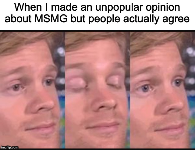 . | When I made an unpopular opinion about MSMG but people actually agree | image tagged in blinking guy | made w/ Imgflip meme maker