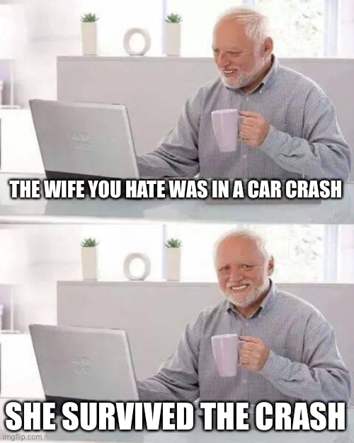 Hide the Pain Harold | THE WIFE YOU HATE WAS IN A CAR CRASH; SHE SURVIVED THE CRASH | image tagged in memes,hide the pain harold | made w/ Imgflip meme maker