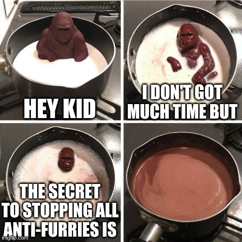HEY WAIT NOOOOOOOOOOOOOOOOOOOOOOOOOOOOO |  HEY KID; I DON'T GOT MUCH TIME BUT; THE SECRET TO STOPPING ALL ANTI-FURRIES IS | image tagged in chocolate gorilla,monkey,furries,funny,meme | made w/ Imgflip meme maker