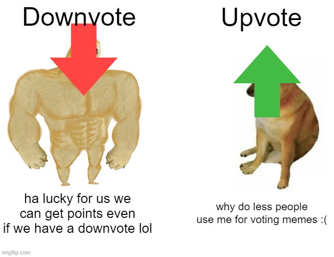 Downvote Upvote ha lucky for us we can get points even if we have a downvote lol why do less people use me for voting memes :( | image tagged in memes,buff doge vs cheems | made w/ Imgflip meme maker