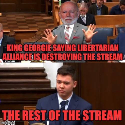 He says as Presidents enters a new golden age under LA | KING GEORGIE SAYING LIBERTARIAN ALLIANCE IS DESTROYING THE STREAM; THE REST OF THE STREAM | image tagged in kyle rittenhouse reaction,king georgie | made w/ Imgflip meme maker