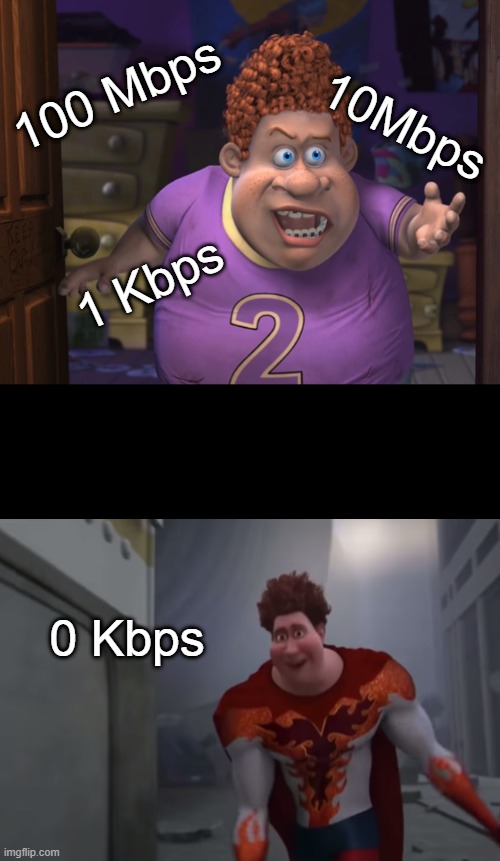 Snotty boy glow up meme | 100 Mbps; 10Mbps; 1 Kbps; 0 Kbps | image tagged in snotty boy glow up meme | made w/ Imgflip meme maker