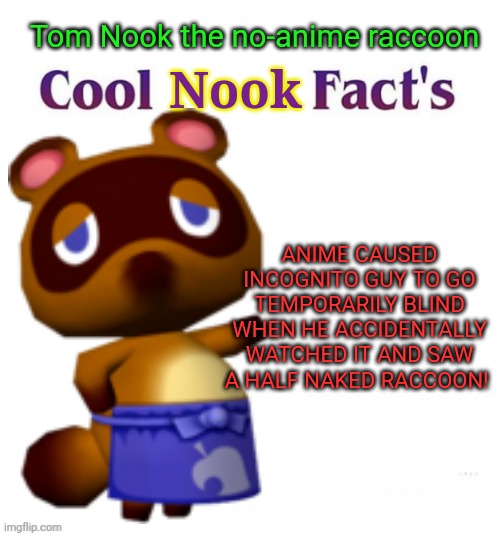 Anime fax | Tom Nook the no-anime raccoon; Nook; ANIME CAUSED INCOGNITO GUY TO GO TEMPORARILY BLIND WHEN HE ACCIDENTALLY WATCHED IT AND SAW A HALF NAKED RACCOON! | image tagged in cool facts,no anime,raccoon,tom nook,anime killed my family | made w/ Imgflip meme maker
