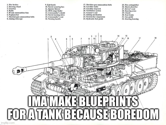 boredom have consumed me and my ADHD meds haven't worn off yet | IMA MAKE BLUEPRINTS FOR A TANK BECAUSE BOREDOM | made w/ Imgflip meme maker