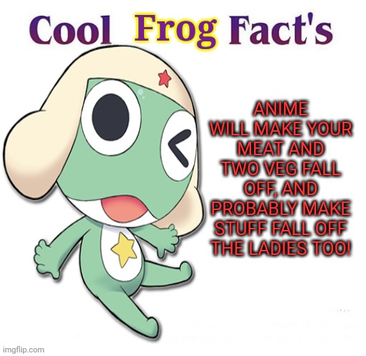 Keroro the no-anime frog! | Frog; ANIME WILL MAKE YOUR MEAT AND TWO VEG FALL OFF, AND PROBABLY MAKE STUFF FALL OFF THE LADIES TOO! | image tagged in keroro,sgt frog,no anime frog,drink fanta,for some reason,stop watching anime | made w/ Imgflip meme maker