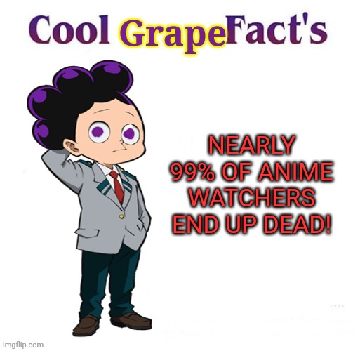 Mineta the no-anime grape | Grape; NEARLY 99% OF ANIME WATCHERS END UP DEAD! | image tagged in grape,no anime,mineta,stop anime,anime killed my family | made w/ Imgflip meme maker