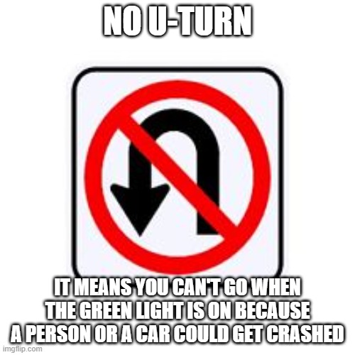 no u turn sign | NO U-TURN; IT MEANS YOU CAN'T GO WHEN THE GREEN LIGHT IS ON BECAUSE A PERSON OR A CAR COULD GET CRASHED | image tagged in no u turn sign,safety first | made w/ Imgflip meme maker