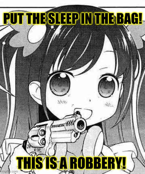 anime girl with a gun | PUT THE SLEEP IN THE BAG! THIS IS A ROBBERY! | image tagged in anime girl with a gun | made w/ Imgflip meme maker