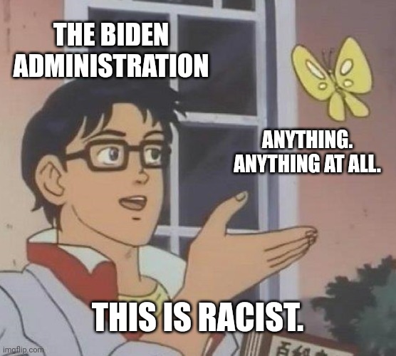 Is This A Pigeon Meme | THE BIDEN ADMINISTRATION ANYTHING.
ANYTHING AT ALL. THIS IS RACIST. | image tagged in memes,is this a pigeon | made w/ Imgflip meme maker