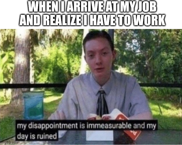 why don't I just quit my job, maybe I need money....? |  WHEN I ARRIVE AT MY JOB AND REALIZE I HAVE TO WORK | image tagged in work,disappointment,sick  tired,jobs,my dissapointment is immeasurable and my day is ruined,i hate my job | made w/ Imgflip meme maker