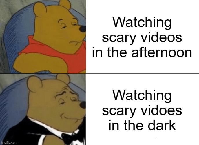 Horror memes | Watching scary videos in the afternoon; Watching scary vidoes in the dark | image tagged in memes,tuxedo winnie the pooh | made w/ Imgflip meme maker