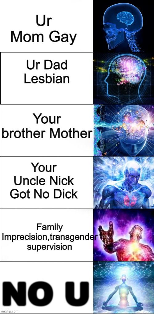 new meme | Ur Mom Gay; Ur Dad Lesbian; Your brother Mother; Your Uncle Nick Got No Dick; Family Imprecision,transgender supervision; NO U | image tagged in expanding brain expanded | made w/ Imgflip meme maker