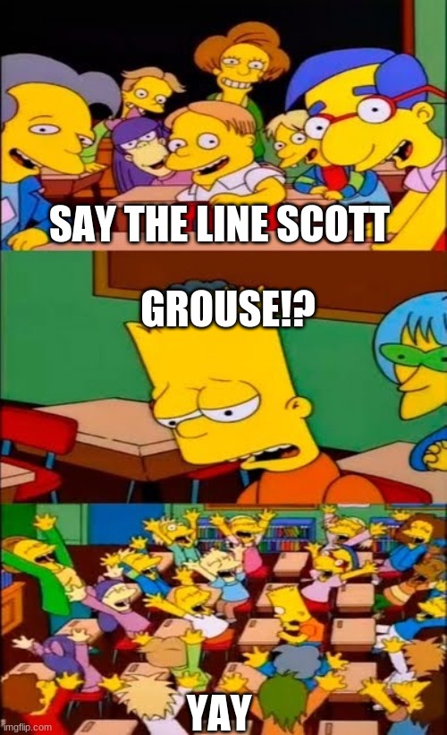 Grouse?! | SAY THE LINE SCOTT; GROUSE!? YAY | image tagged in say the line bart simpsons | made w/ Imgflip meme maker