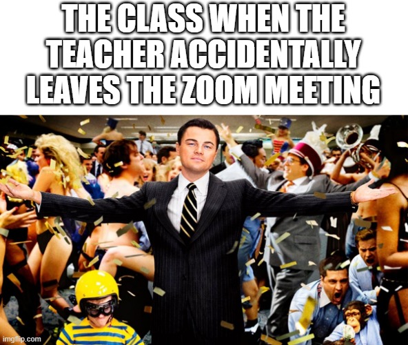 ever happened? | THE CLASS WHEN THE TEACHER ACCIDENTALLY LEAVES THE ZOOM MEETING | image tagged in wolf party | made w/ Imgflip meme maker