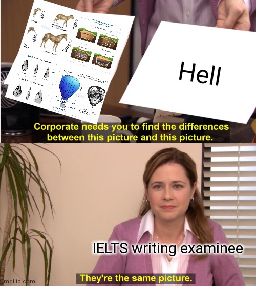 They're The Same Picture Meme | Hell; IELTS writing examinee | image tagged in memes,they're the same picture | made w/ Imgflip meme maker