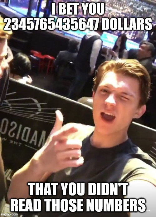 Got you ;) | I BET YOU 2345765435647 DOLLARS; THAT YOU DIDN'T READ THOSE NUMBERS | image tagged in i got you tom holland | made w/ Imgflip meme maker
