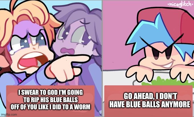Bf dose not have blue balls any more ? | I SWEAR TO GOD I’M GOING TO RIP HIS BLUE BALLS OFF OF YOU LIKE I DID TO A WORM; GO AHEAD, I DON’T HAVE BLUE BALLS ANYMORE | image tagged in friday night funkin salad cat meme | made w/ Imgflip meme maker