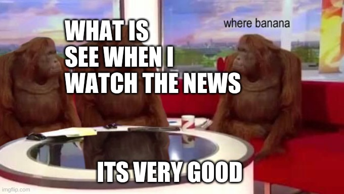 What i see on the news | WHAT IS SEE WHEN I WATCH THE NEWS; ITS VERY GOOD | image tagged in where banana,monkey,funy memes,lol,how tough are you,billy what have you done | made w/ Imgflip meme maker