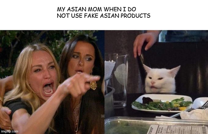 Woman Yelling At Cat | MY ASIAN MOM WHEN I DO NOT USE FAKE ASIAN PRODUCTS | image tagged in memes,woman yelling at cat | made w/ Imgflip meme maker