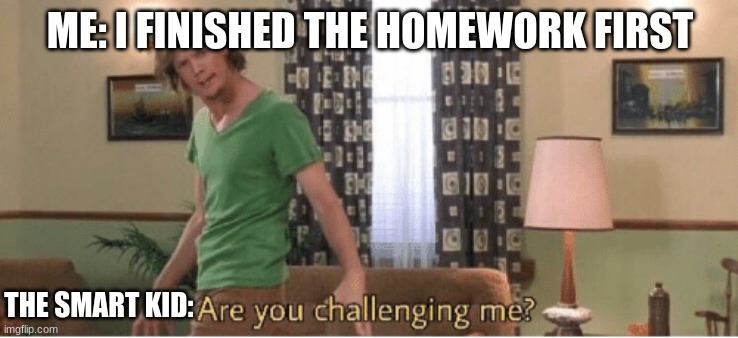 Image | ME: I FINISHED THE HOMEWORK FIRST; THE SMART KID: | image tagged in are you challenging me | made w/ Imgflip meme maker