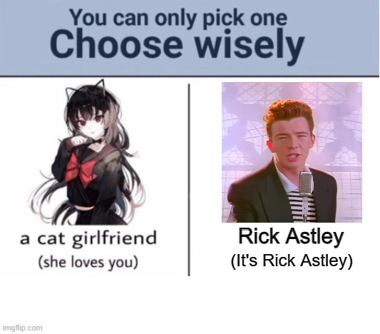 imagine being with him |  Rick Astley; (It's Rick Astley) | image tagged in choose wisely,omg,never gonna give you up,rick astley,rick astley you know the rules,say goodbye | made w/ Imgflip meme maker